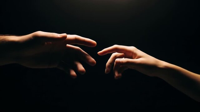 A poignant scene of two hands reaching out to touch fingertips against a dark background