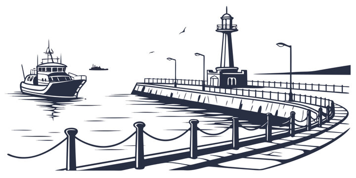 A serene harbor scene with a lighthouse and a ship sailing in the distance