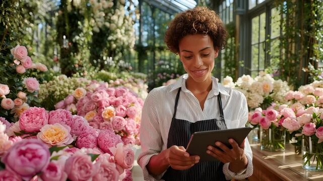 Female florist in apron checks orders on a tablet at a flower shop table surrounded by fresh blooms. Small business work scene focused on floral arrangement, retail service, and daily operations