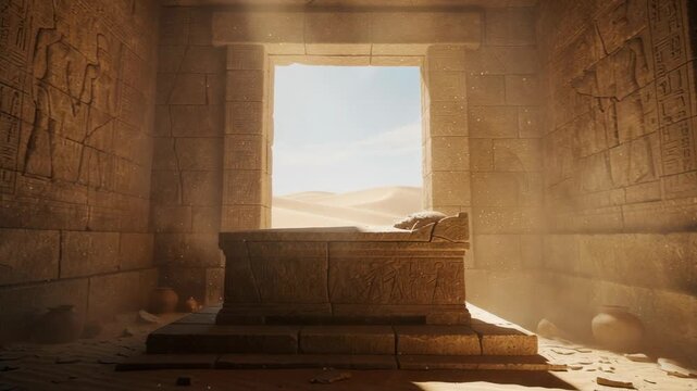 Ancient Egyptian tomb interior with carved stone sarcophagus and desert dunes visible through entrance