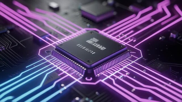 Close up of a modern microchip with neon circuitry glowing in green blue and purple on a black circuit board