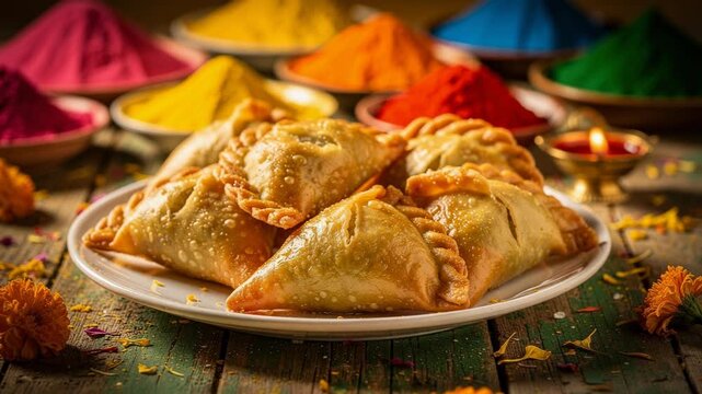 Traditional Indian samosas on a plate with colorful spices and marigold flowers festive setting