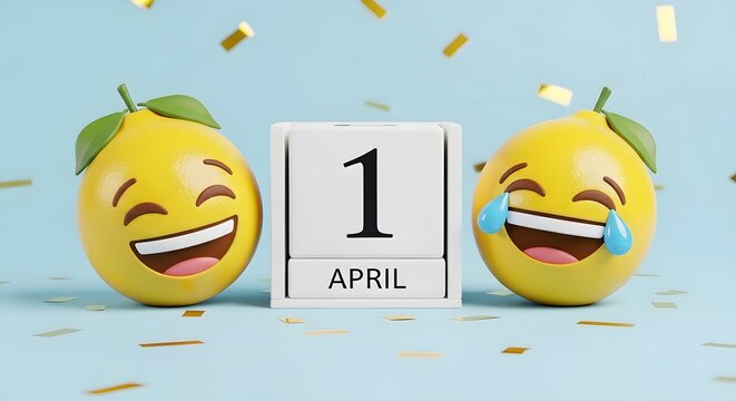 April fools' day humor with lemons celebrating prankster's day on april 1st with funny faces and confetti