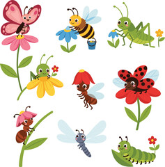 Naklejka premium Cute Cartoon Garden Insects Collection with Butterfly, Bee, Grasshopper, Ladybug, Ant, Dragonfly, Caterpillar, and Spider on Flowers for Kids Nature Illustrations