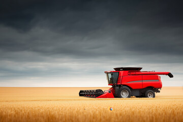 Fototapeta premium red combine harvester in wheat field