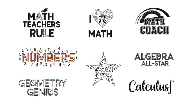A collection of math-themed logos and phrases on transparent background