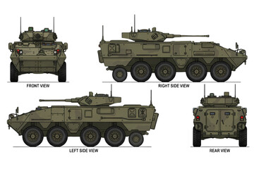 Fototapeta premium Armored Military Vehicle Blueprint – Modern Infantry Fighting Vehicle APC Tank Technical Vector Illustration