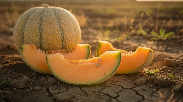 Fresh ripe cantaloupe melon slices on dry cracked soil in warm natural sunlight