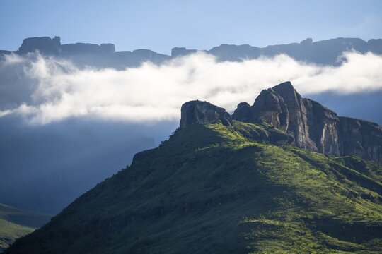 Mountains in fog, Royal Natal National Park, Drakensberg, Kwa Zulu Natal, South Africa