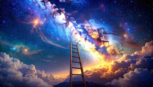 A surreal scene depicts a wooden ladder ascending from fluffy clouds into a swirling, colorful galaxy. Dramatic lighting