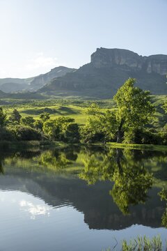Amphitheatre with reflection in the lake, Royal Natal National Park, Drakensberg Mountains south, Kwa Zulu Natal, South Africa