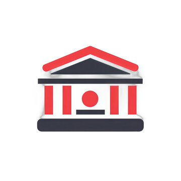 Ilustra&ccedil;&atilde;o vetorial de um pr&eacute;dio governamental ou banco com colunas cl&aacute;ssicas, design minimalista em tons de vermelho e cinza sobre fundo branco.