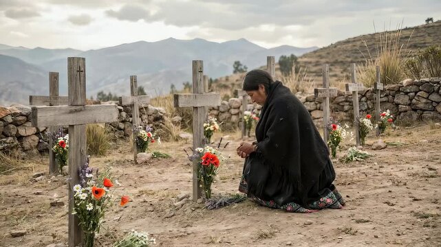 Woman kneeling at a cross in a cemetery to mourn and pray. Indigenous woman performing memorial rite at a grave in the mountains. Grief and remembrance concept.