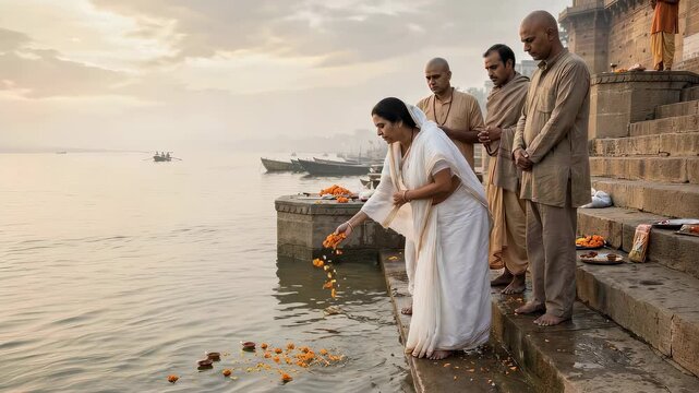 Woman in white sari performs funeral rite at riverbank. Grieving group participates in traditional memorial ceremony at dawn. Indian ritual of prayer and peace.