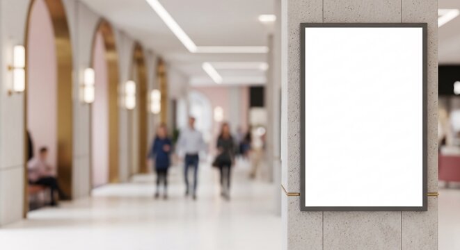 Vertical billboard mockup on large stone pillar inside modern shopping mall corridor with blurred people walking in background for advertisement use