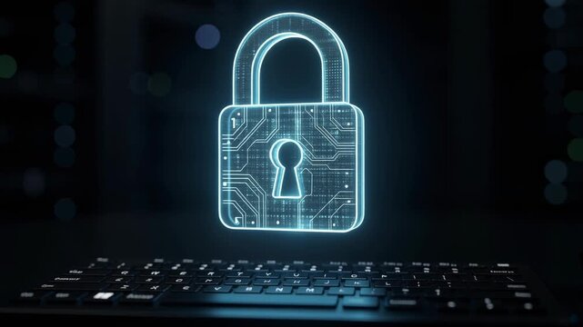 Digital cyber security concept with glowing padlock and computer keyboard in dark environment