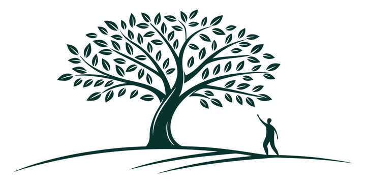 A person standing in front of a large tree on a hill, gazing at the horizon.