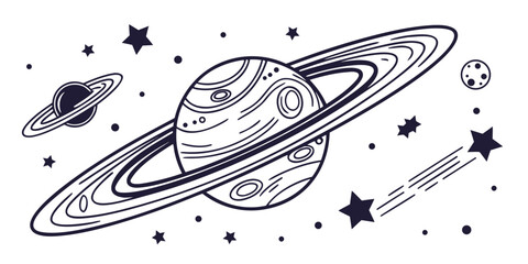 A detailed illustration of a planet with rings and stars in space © Murad