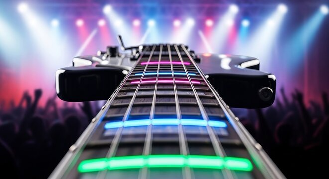 Guitar Hero Style Guitar With Glowing Frets on Stage.