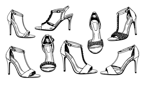 Fashion designer sketch of women's high heel sandals luxury footwear vector illustration set