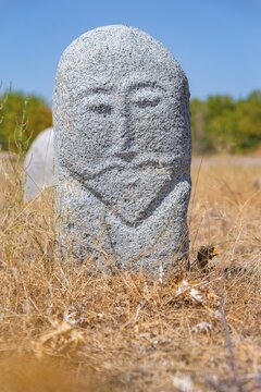 Balbals, historical gravestones in the shape of human faces, near Tokmok, Chuy, Kyrgyzstan