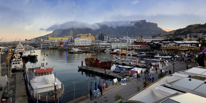 Victoria and Albert waterfront and harbor at sunset, Cape Town, South Africa