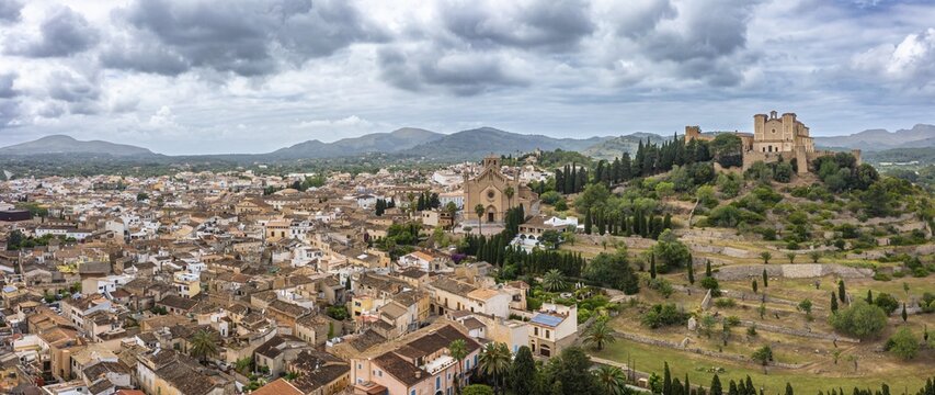 Aerial view, village view Art&aacute; with parish church Transfiguracio del Senyor and monastery Santuari de Sant Salvador at Calvary, Majorca, Balearic Islands, Spain