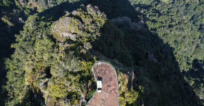 Aerial view, looking down, Miradouro dos Balc&otilde;es viewpoint, Madeira, Portugal