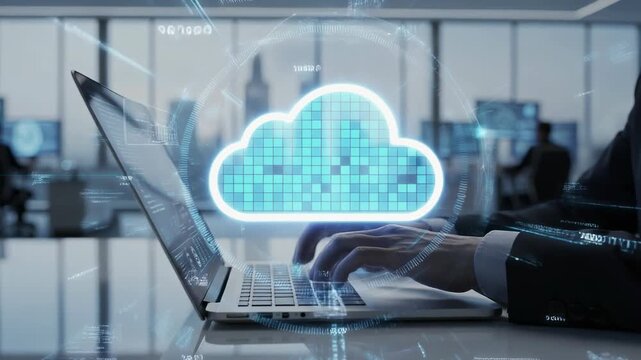 Business professional typing on laptop with glowing digital cloud computing and data connection concept
