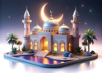 Naklejka premium Serene mosque under crescent moonlight
