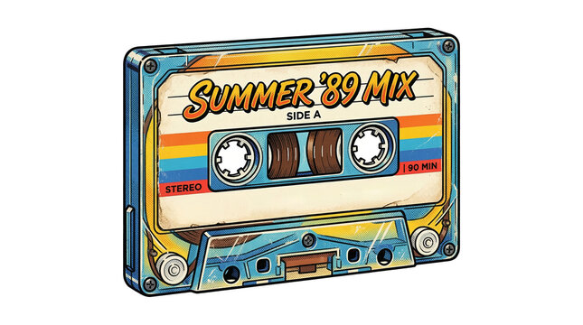 Retro cassette tape with "Summer '89 Mix" label on transparent background