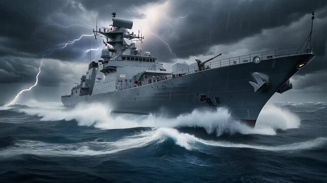 Military warship sailing through stormy ocean waves with lightning striking in dark cloudy weather