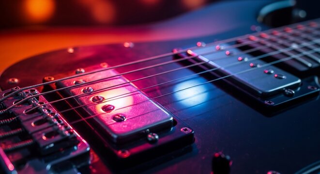 Close-up of an electric guitar with vibrant neon lighting.