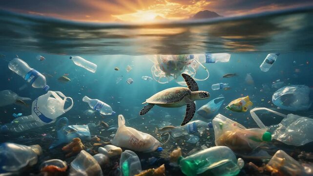 Ocean pollution with plastic waste and sea turtle swimming in dirty water at sunset landscape