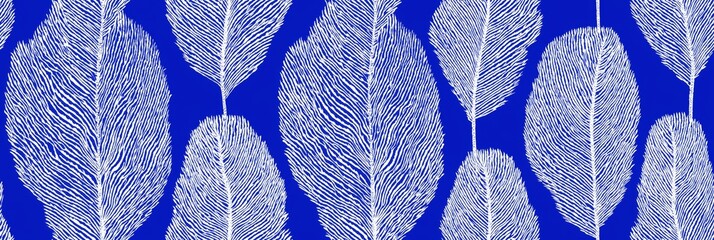 Naklejka premium Abstract palm leaf pattern drawing inspired by Suri art. Repeating blue palm leaves with white lines creating a seamless organic pattern