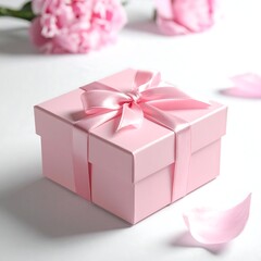 Obraz premium Pink gift box with ribbon on white surface. Flowers surround