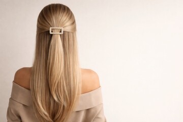Naklejka premium Back view of a woman with straight blonde hair on a white background, hair care concept, healthy beauty routine, salon style, minimal portrait. copyspace