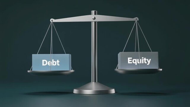 Balanced scale showing debt and equity financial concepts with weight comparison and investment themes