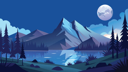 A serene night landscape featuring a tranquil lake reflecting the light of a bright full moon © CreativeKamrul