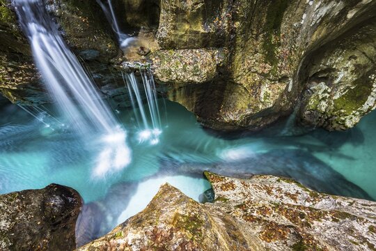 Mountain river Soca flows through narrow canyon, Soca Valley, Triglav National Park, Bovec, Slovenia