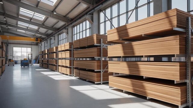 Modern warehouse interior with organized wooden panels stacked on metal shelves under natural light