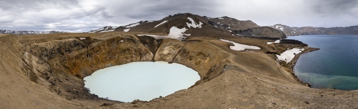 Crater lake V&iacute;ti and &Ouml;skjuvatn in the crater of the Askja volcano, volcanic landscape, Dyngjufj&ouml;ll mountain massif, Icelandic highlands, Vatnaj&ouml;kull National Park, Iceland