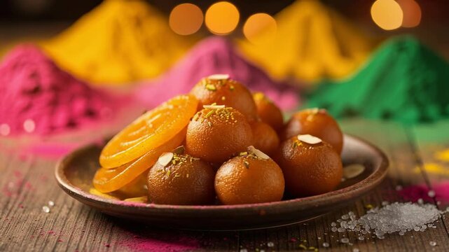 Traditional Indian sweets Gulab Jamun and Jalebi on plate with colorful Holi powder background festive celebration