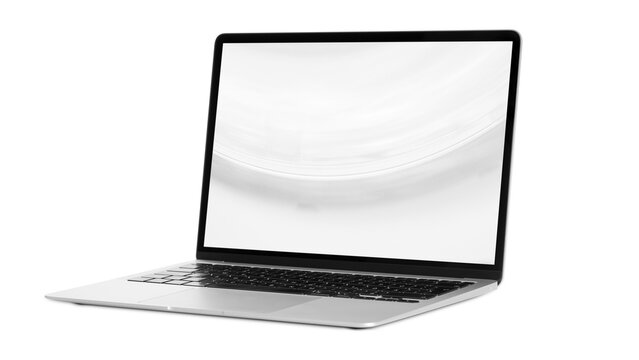 Laptop with scratched grunge screen isolated on transparent PNG background, vintage computer display with dust and texture overlay.