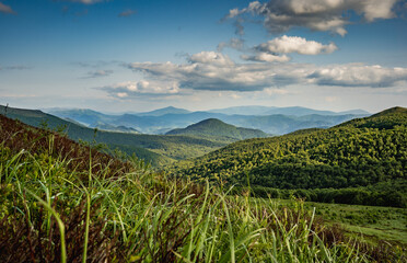 Bieszczady Mountains trekking trail panorama during golden hour  © Snowboy