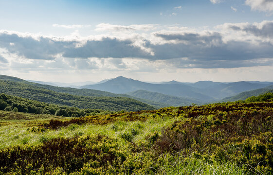 Bieszczady Mountains trekking trail panorama during golden hour
