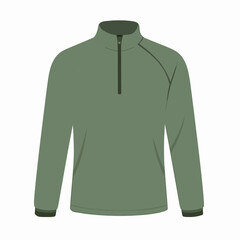 Professional flat vector illustration of a single olive green long-sleeved quarter-zip athletic pullover for men's fitness training and outdoor performance apparel mockup
