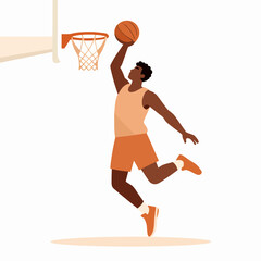 Dynamic Black male basketball player performing a powerful slam dunk at an indoor gym, wearing a minimalist athletic jersey, showcasing peak fitness and determination in a clean flat vector art style © Gayan