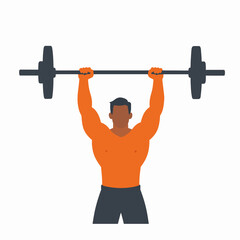 Naklejka premium Focused adult Black African American man athlete lifting a heavy barbell in a gym setting, flat vector illustration of physical fitness and strength training exercise isolated on white background.