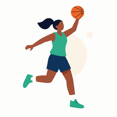 Flat vector illustration of a professional Black woman basketball player performing a dynamic jump shot, energetic female athlete in green jersey and blue shorts isolated on white background. © Gayan